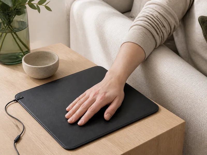 A hand resting on a grounding mat beside a chair