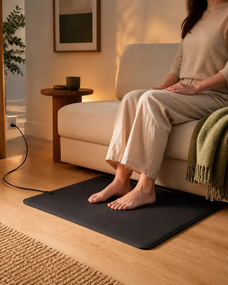 An evening seated on the sofa with bare feet on a grounding mat