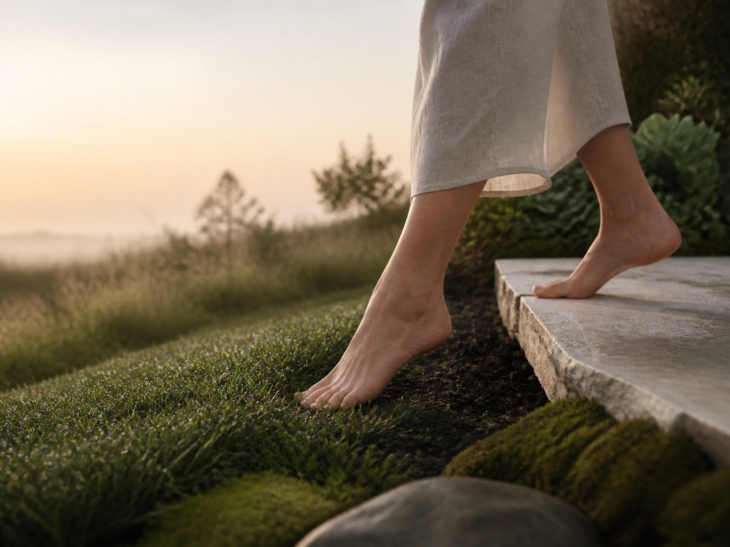 Bare feet making direct contact with grass and soil outdoors
