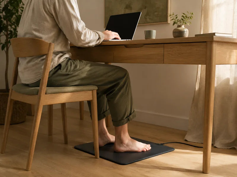 Bare feet resting on a grounding mat beneath a home-office desk
