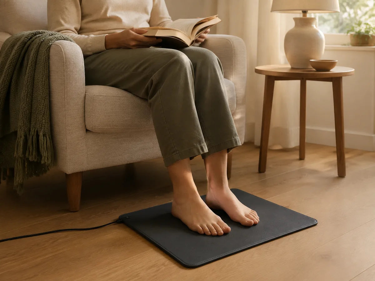 A person reading with bare feet resting on an EarthPad mat