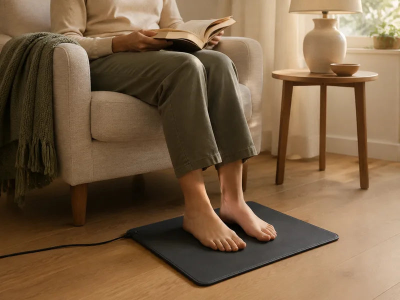 Reading in a comfortable chair with bare feet on a grounding mat